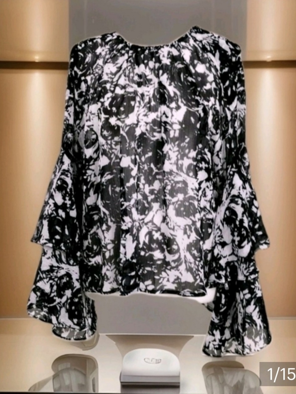 Sheer Black & White Floral Bell-Sleeve Women's Blouse